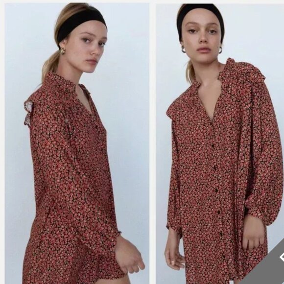 Zara Red Floral Printed Button Ruffle Shoulder Long Sleeve Mini Dress XL - Picture 1 of 13